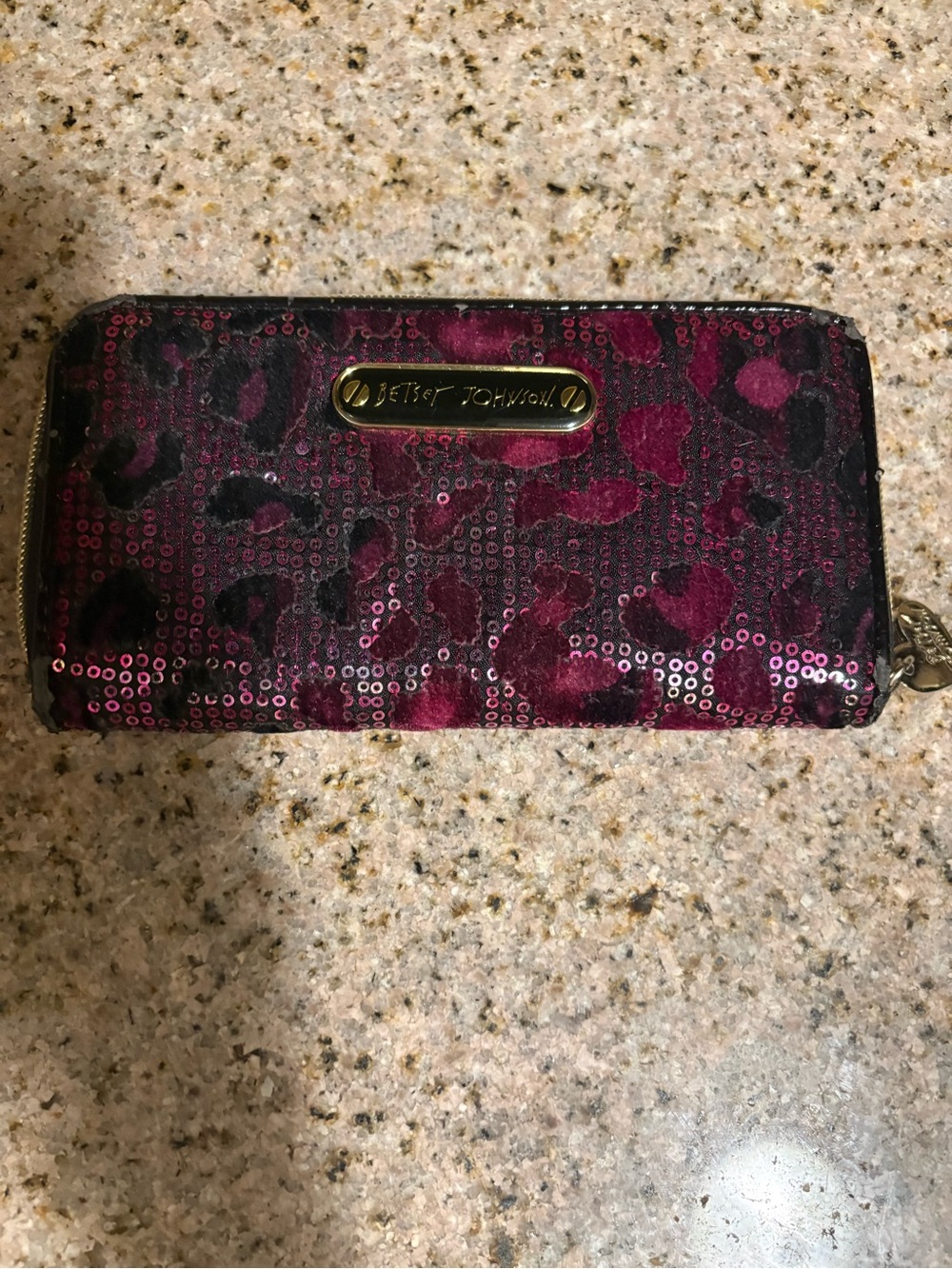 Betsey Johnson Burgundy Pink Sequin Leopard Zip Wallet